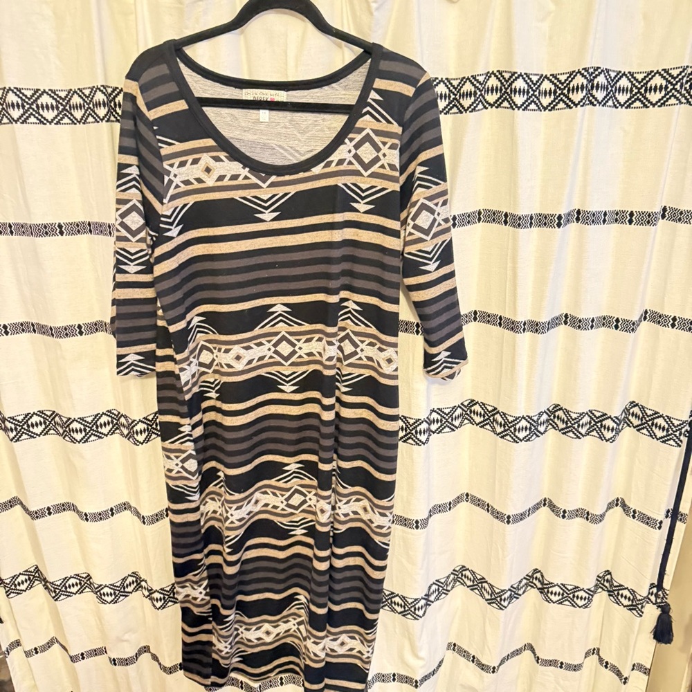 Striped Black and Tan Midi Dress